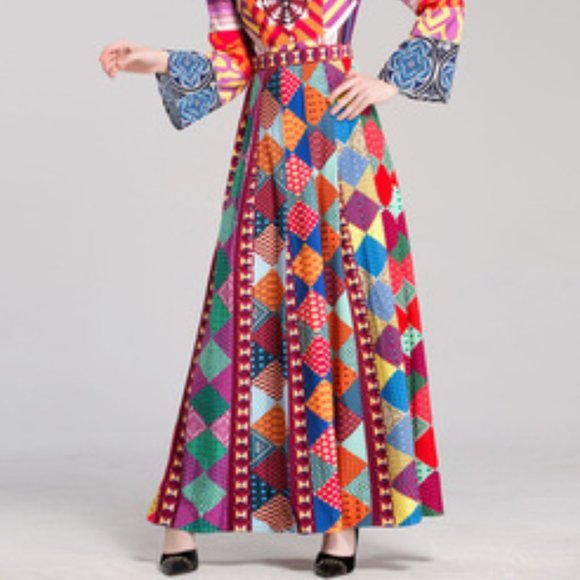 NWT Multicolor A-line Long Slv Printed Maxi Dress - Picture 7 of 10